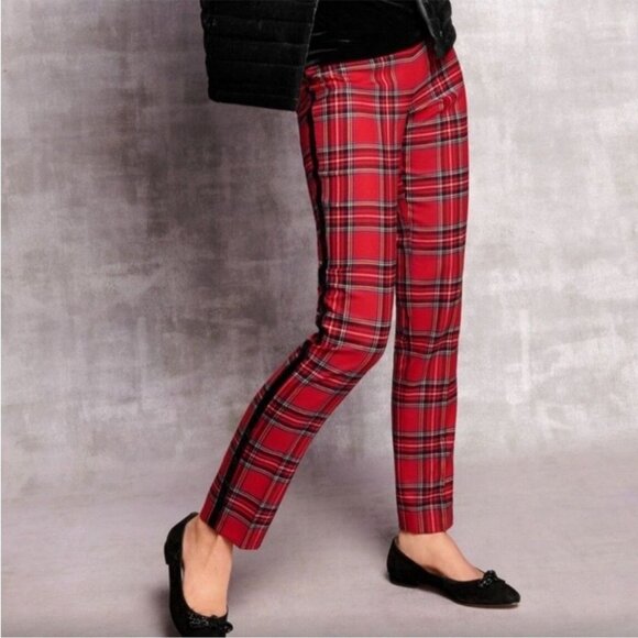 Talbots Slim Ankle Pant Red Plaid with Black Velvet Side Trim Wool Size 8 NEW - Picture 1 of 10